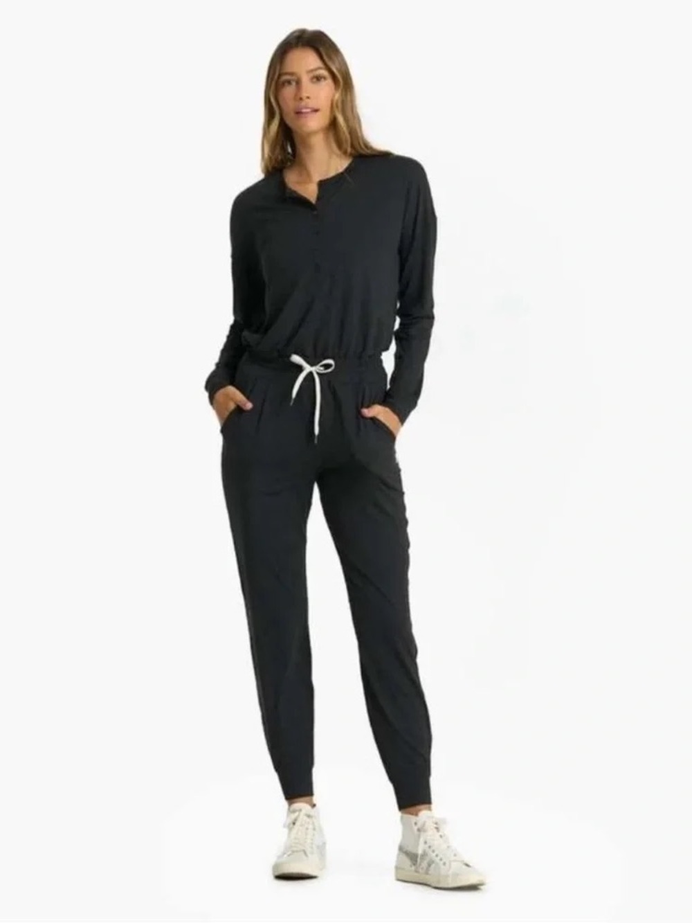 Vuori Lux Henley Black Long-Sleeve Jumpsuit with Drawstring and